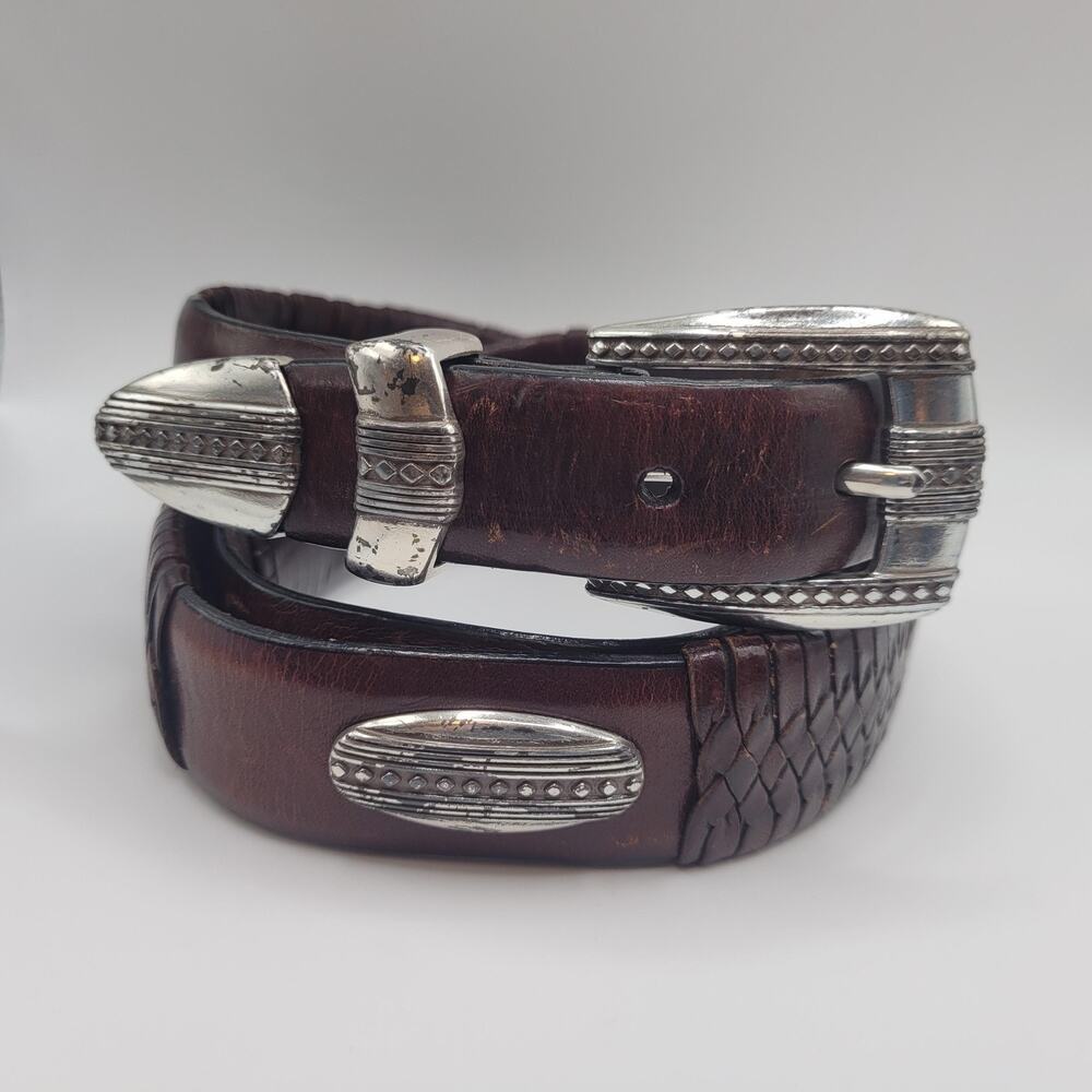 Brighton Belt Mens 42 Brown Leather Braided Western Concho Cowboy Rodeo Etched